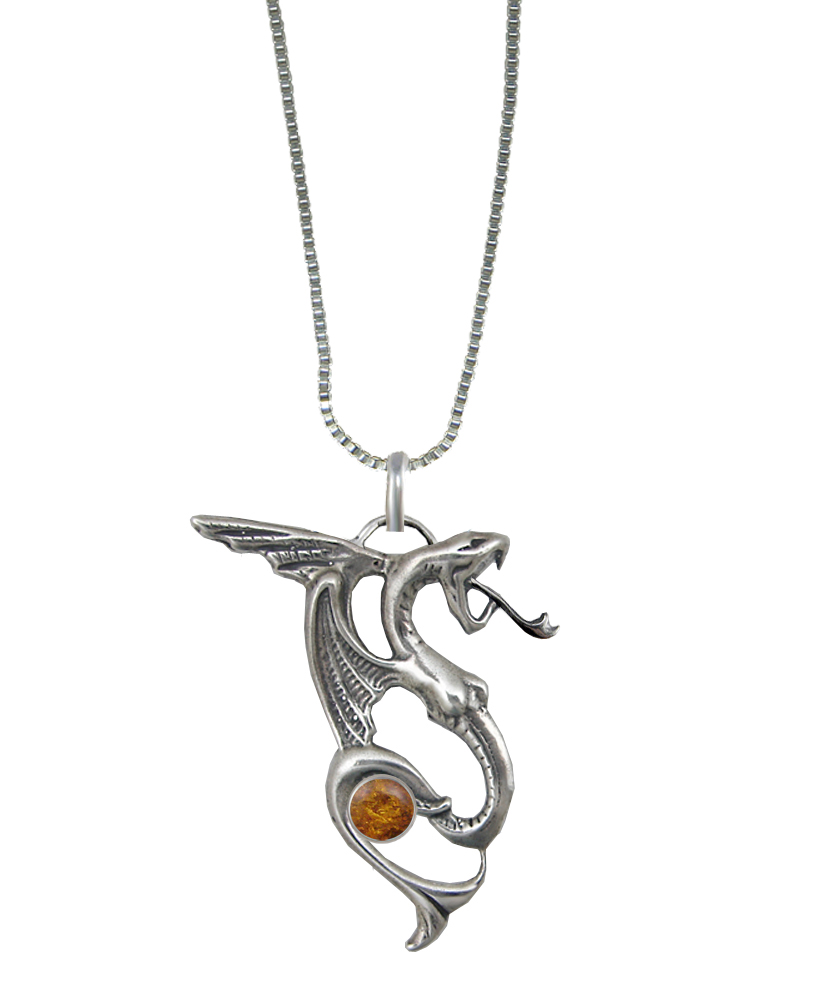 Sterling Silver Medieval Dragon Pendant With Amber